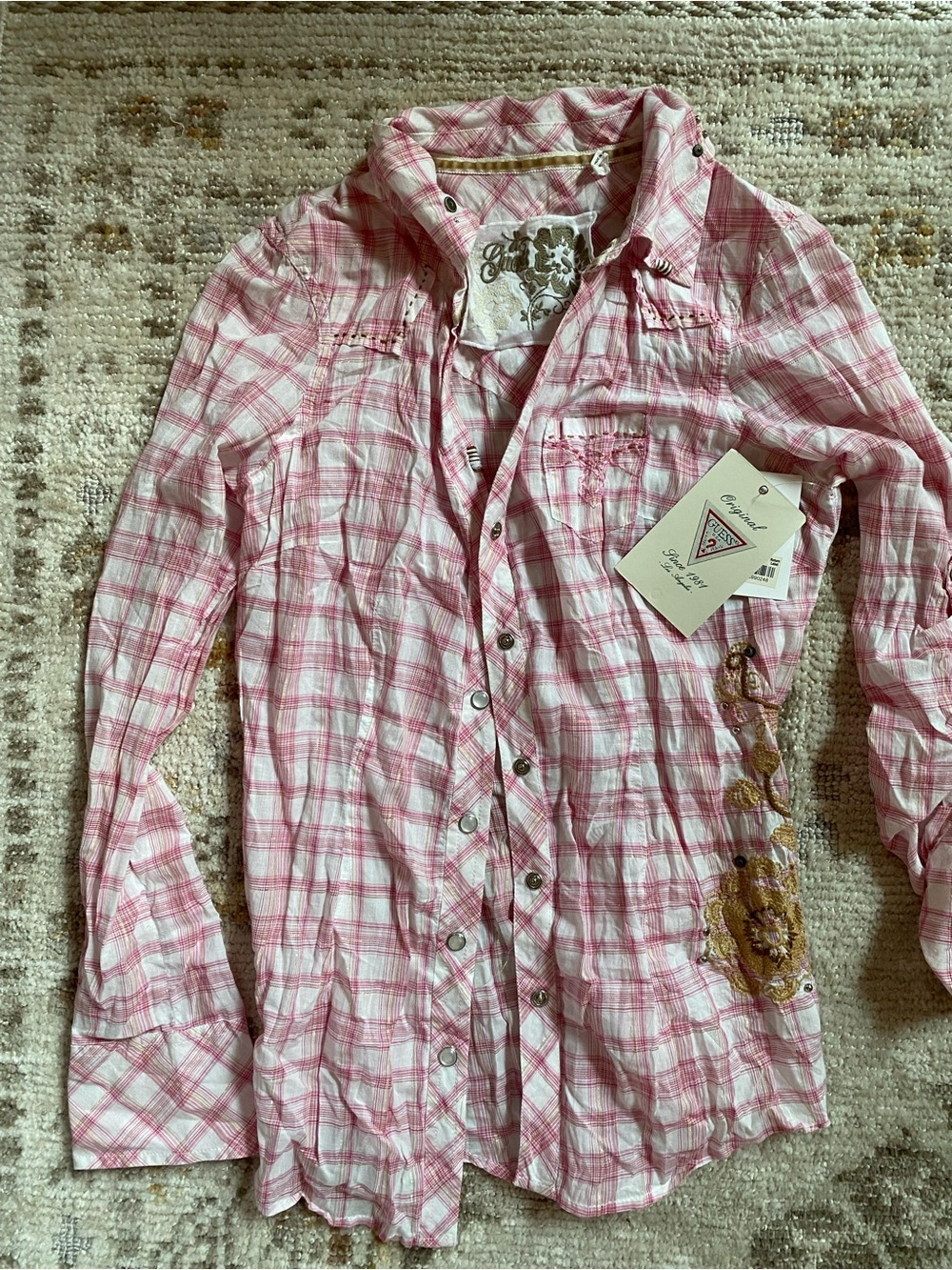 Guess Pink and White Plaid Button-Down Shirt with Embroidery